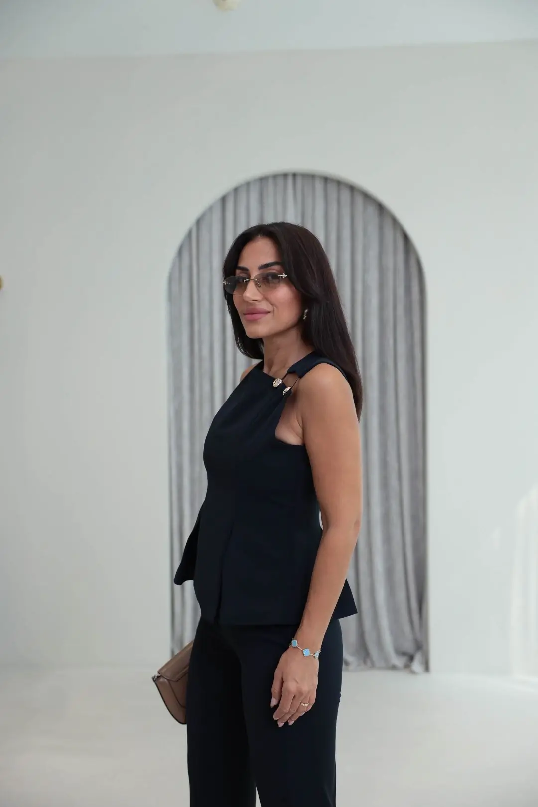 9215 Omuz Düğme Detaylı Bluz & Pantolon Takım LACİVERT