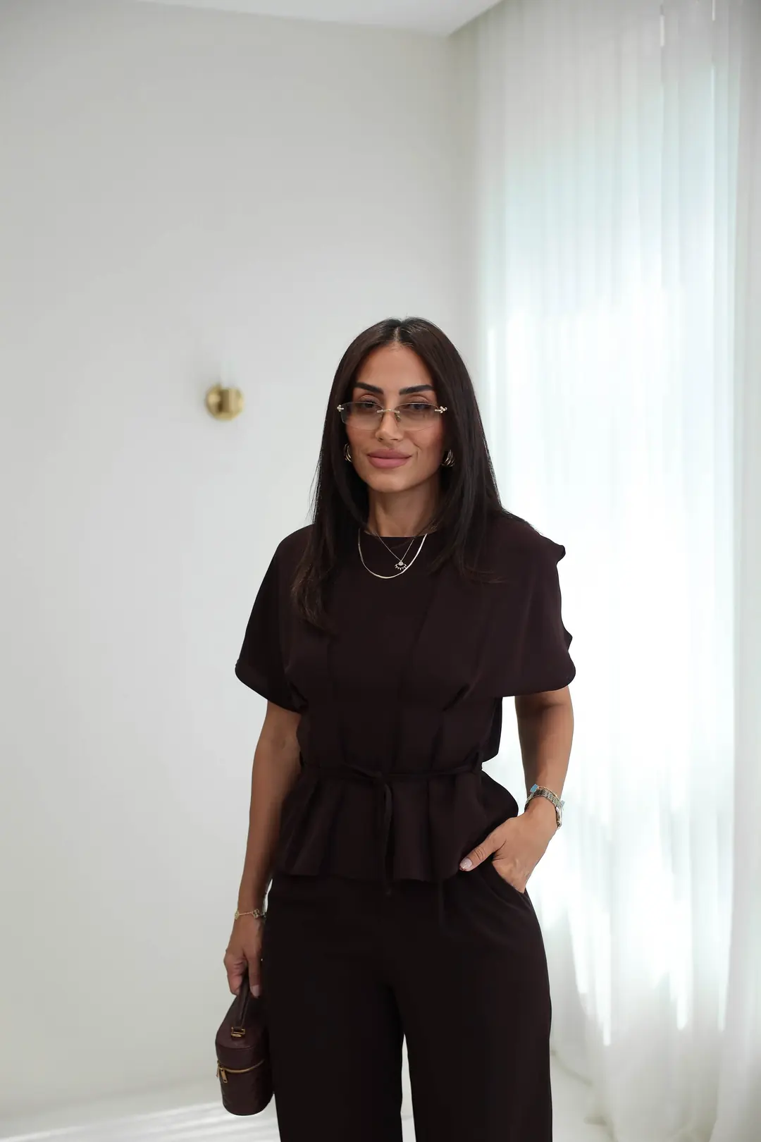 9208 Bel Bağcıklı Önü Pileli Pantolonlu Takım MÜRDÜM