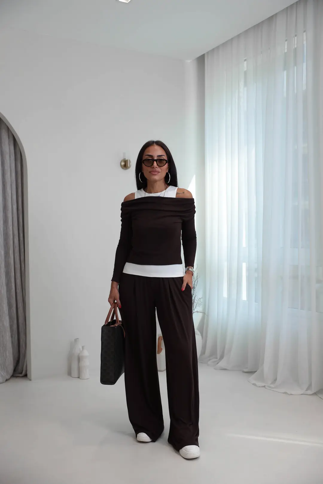 2779 Atlet Detaylı Dökümlü Bluz Pantolon Takım ACI KAHVE