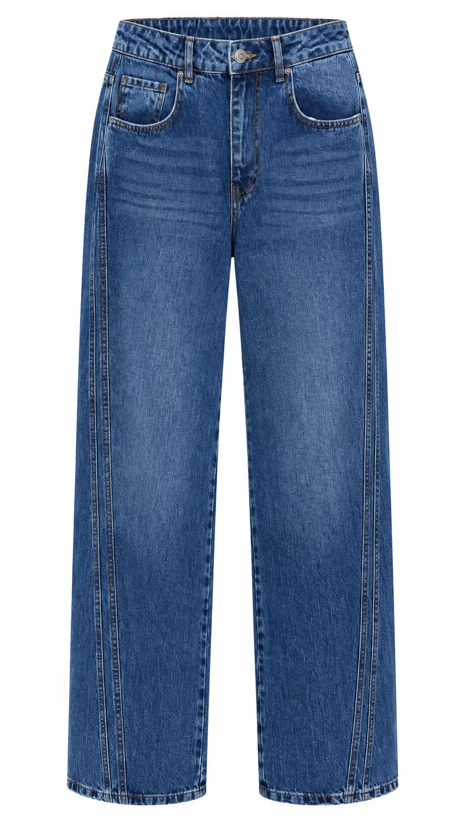 1067 Yanları Dikiş Detaylı Wide Leg Denim Pantolon KOYU MAVİ