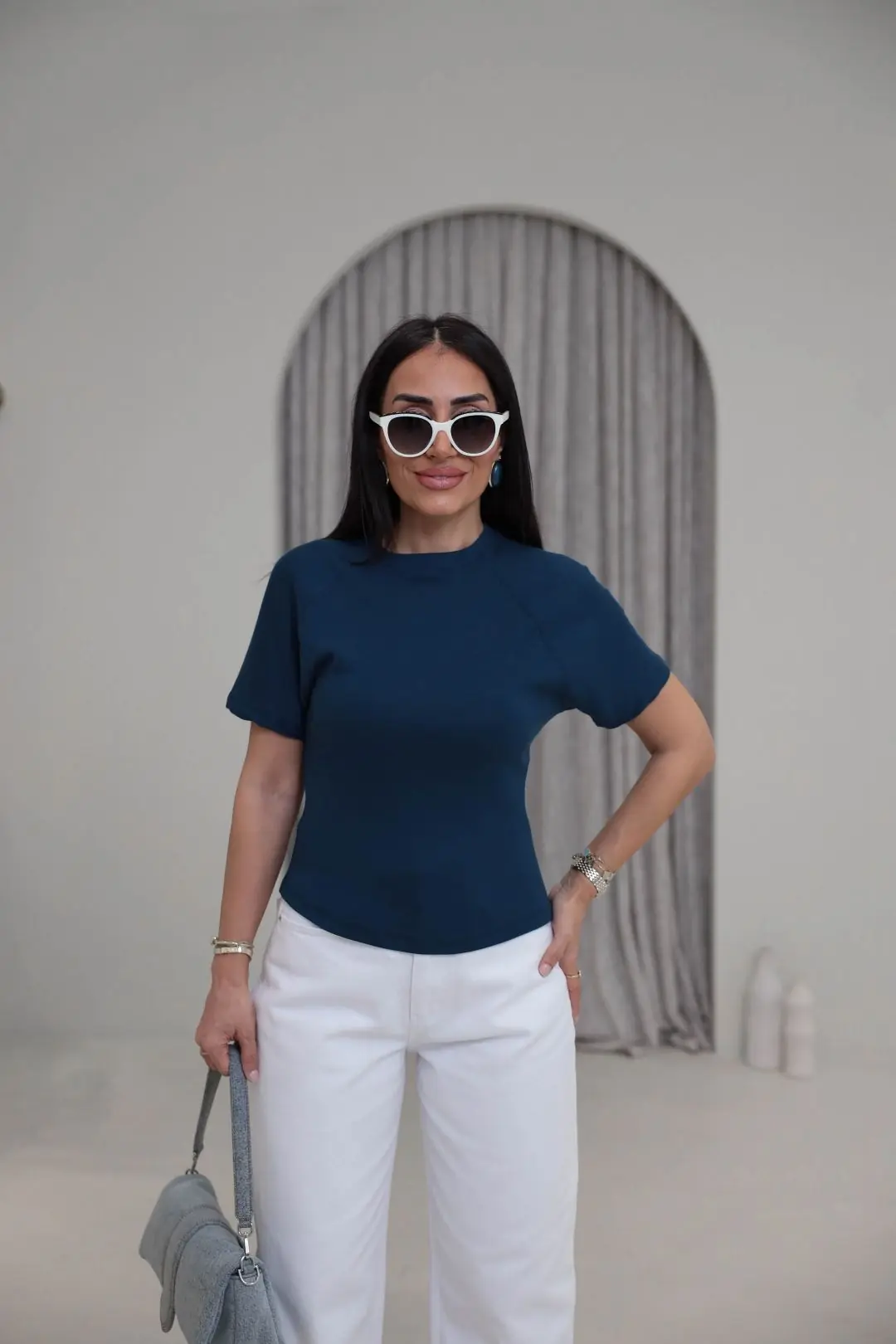 2322 Reglan Kol Yandan Fermuarlı Pamuklu Tshirt Indigo