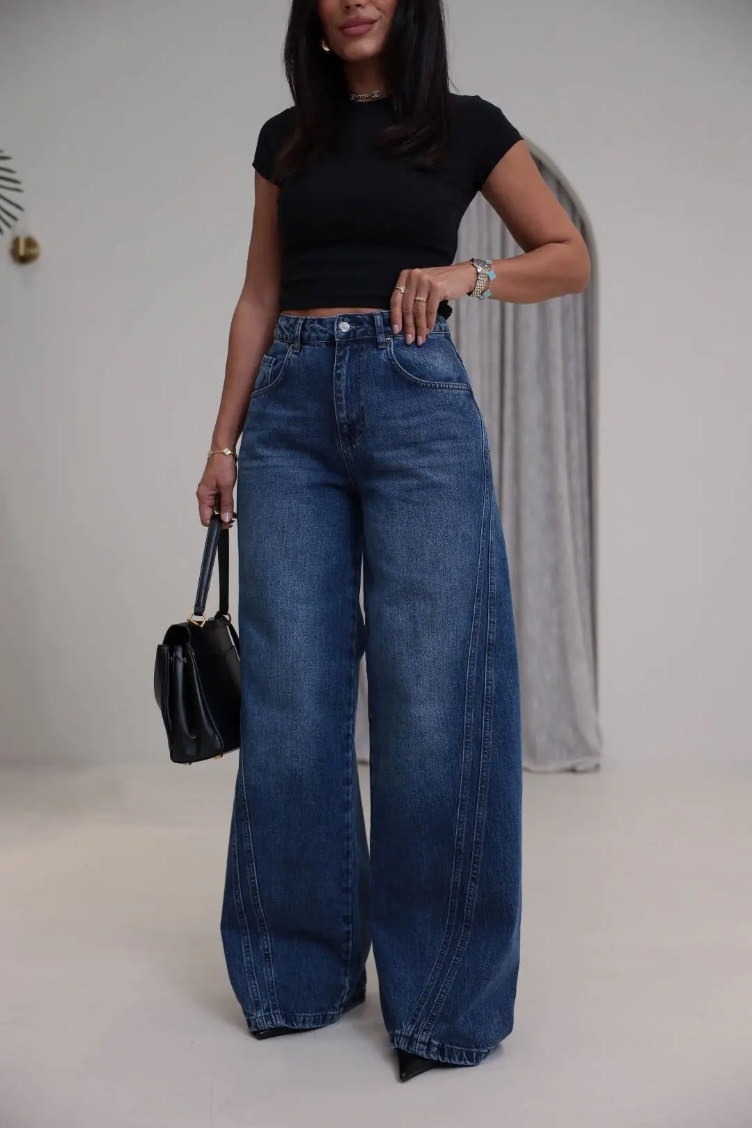 1067 Yanları Dikiş Detaylı Wide Leg Denim Pantolon KOYU MAVİ