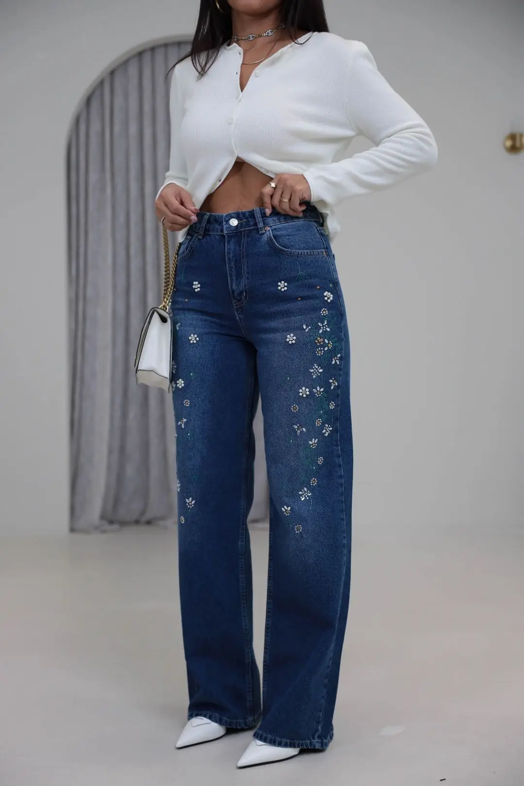 1071 Çiçek Motifli Renkli Taş İşlemeli Denim Pantolon KOYU MAVİ