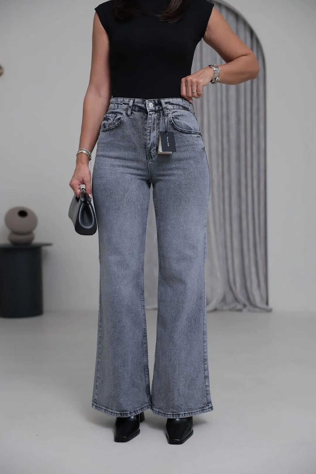 Yüksek Bel Wide Leg Jean GRİ