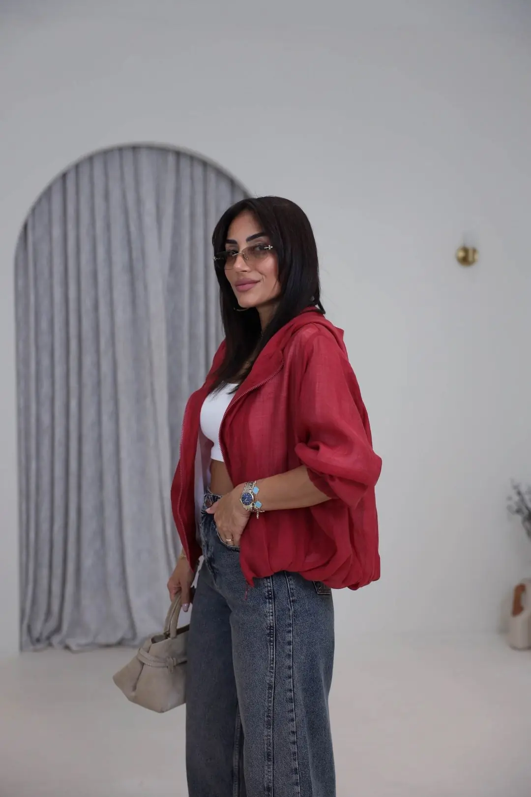 9786 Bel Lastikli File Astarlı Ceket KIRMIZI