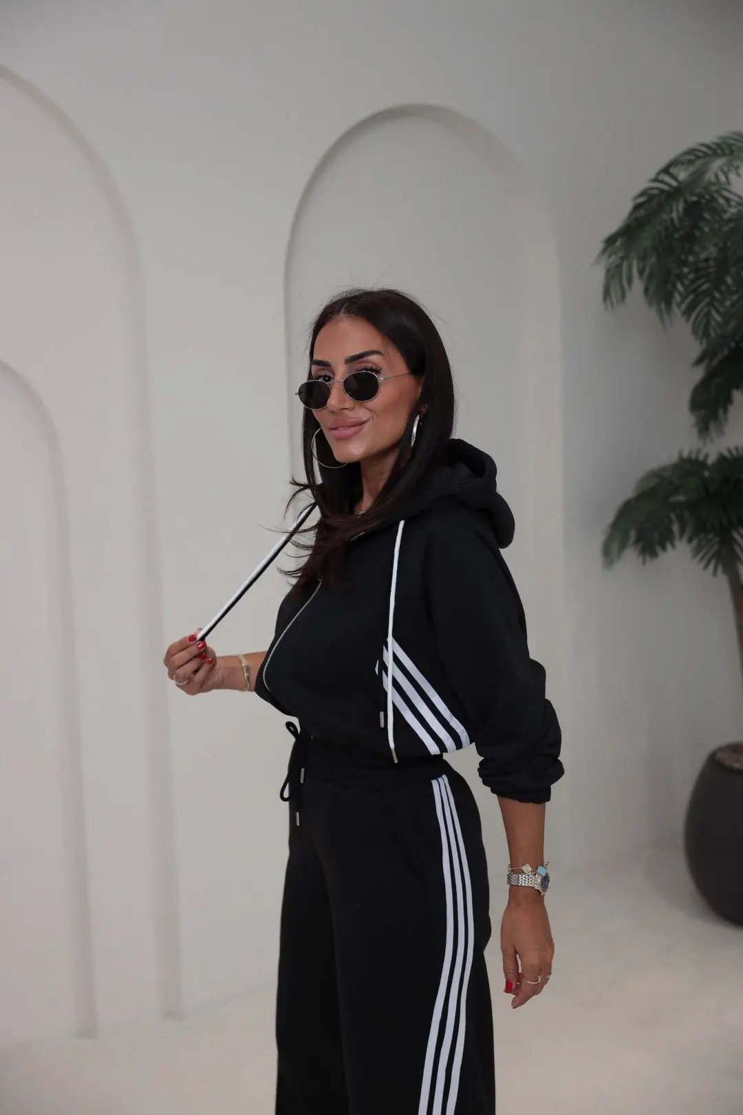 4285 Şerit Detaylı Fermuarlı Sweat Pantolon Takım SİYAH