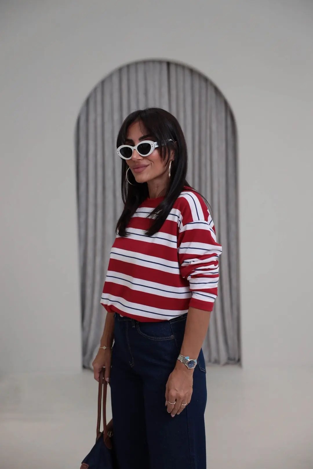 6357 Çizgi Detaylı Yumuşak Kumaş Sweatshirt KIRMIZI