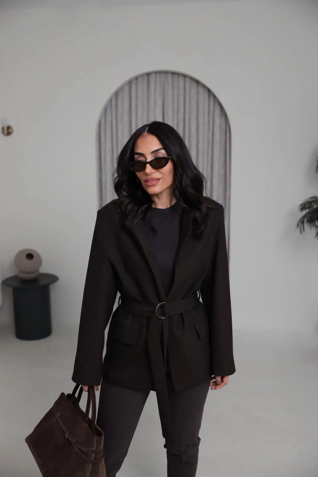 1284 Vatkalı Kemerli Balıksırtı Blazer Ceket KAHVE