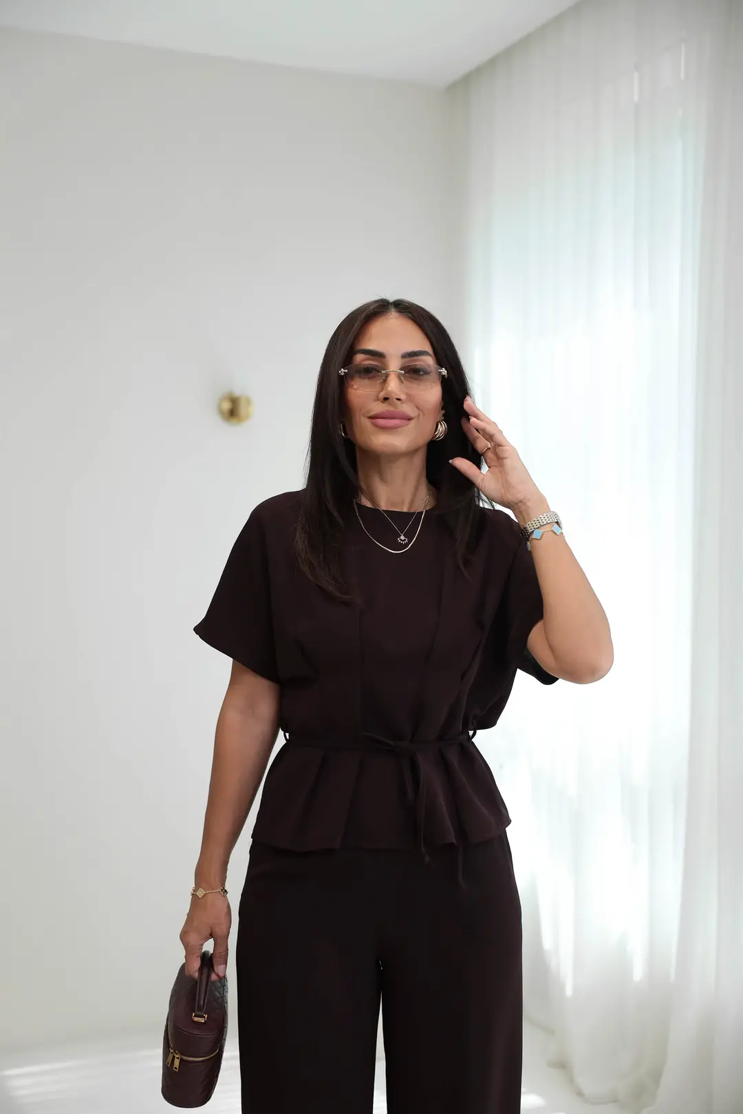 9208 Bel Bağcıklı Önü Pileli Pantolonlu Takım MÜRDÜM