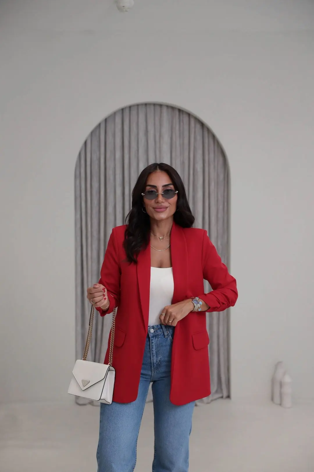3101Y Vatkalı Kolları Büzgülü Blazer Ceket KIRMIZI
