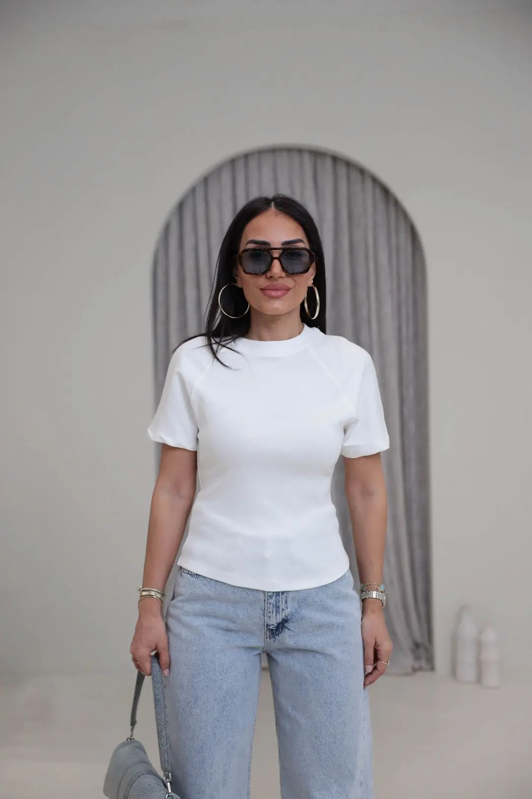 2322 Reglan Kol Yandan Fermuarlı Pamuklu Tshirt EKRU