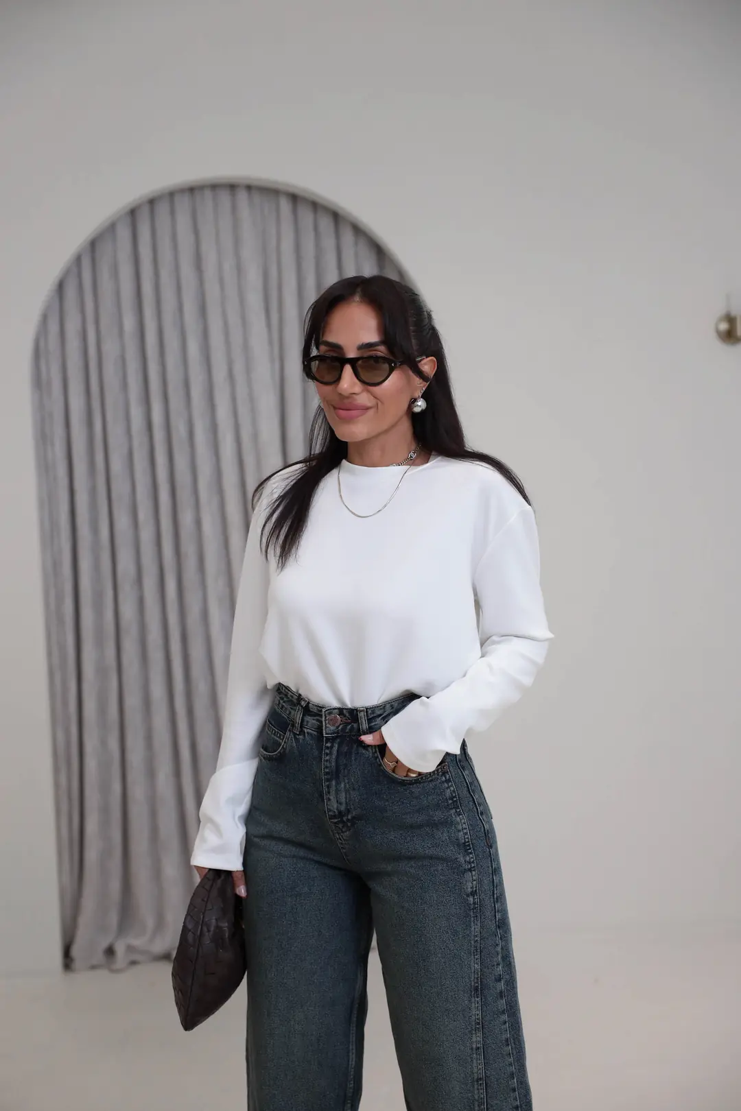 1448 Bisiklet Yaka uzun Kollu Oversize Tshirt BEYAZ