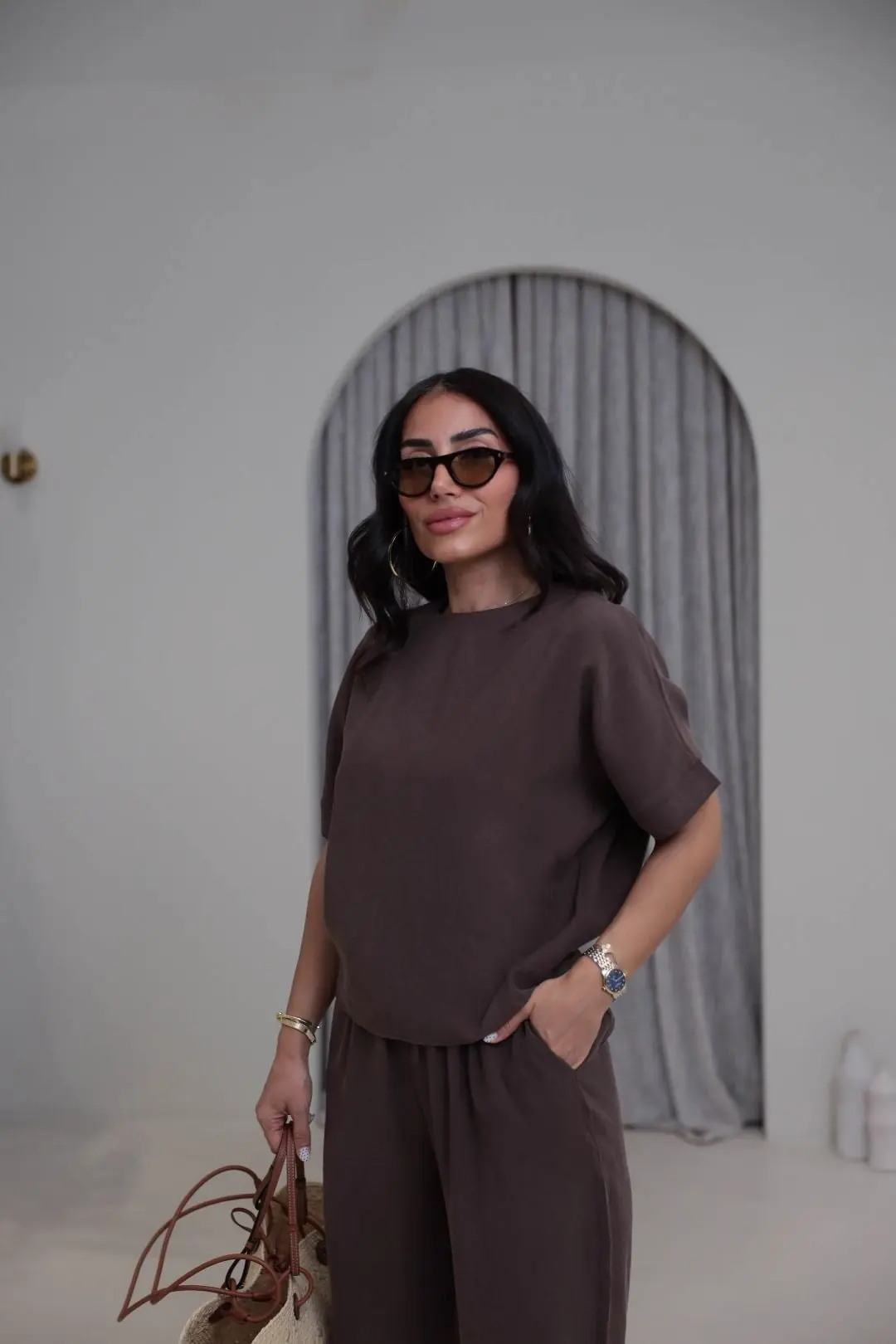 1601 Sırtı Düğme Detaylı Tencel Kumaş Takım KAHVE