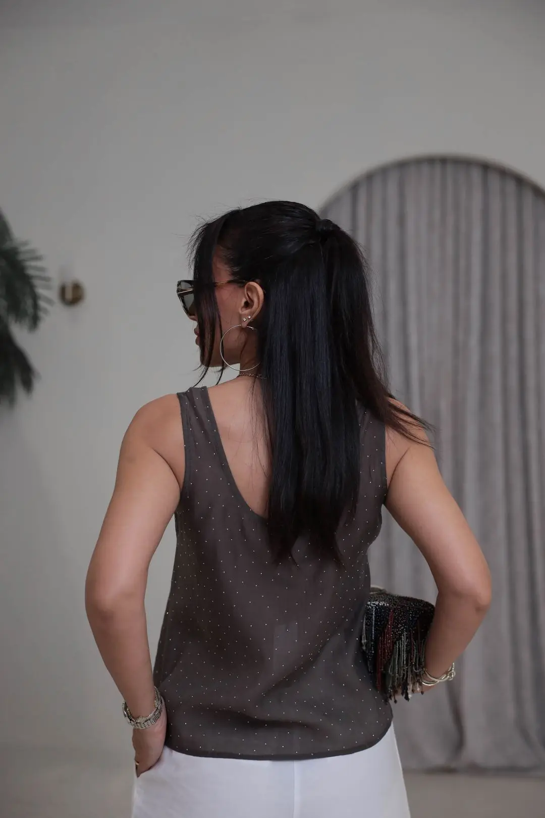 8241 Kalın Askılı Serpme Taşlı Tencel Atlet KAHVE