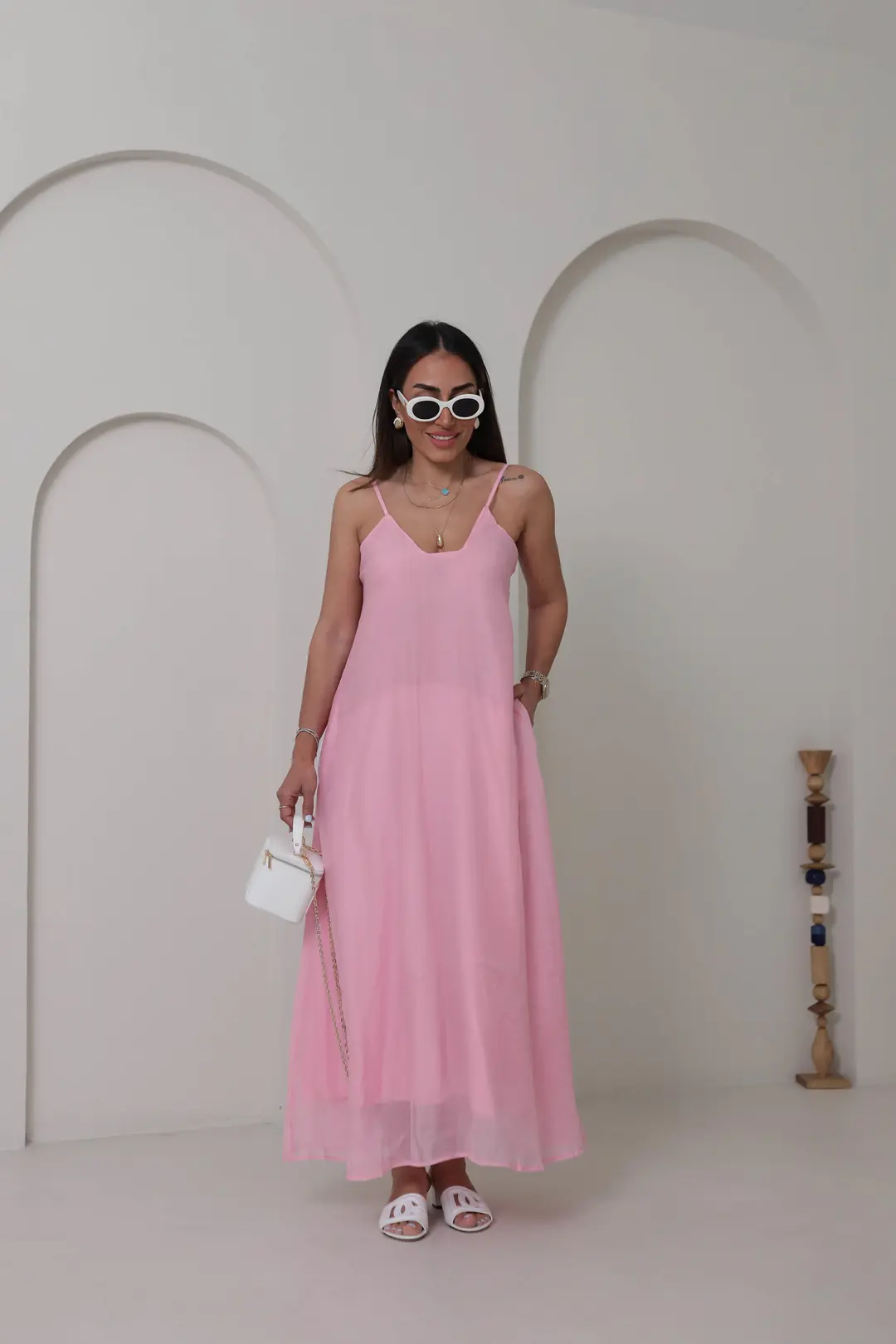 3227 Askılı Kare Yaka Maxi Tencel Elbise PEMBE