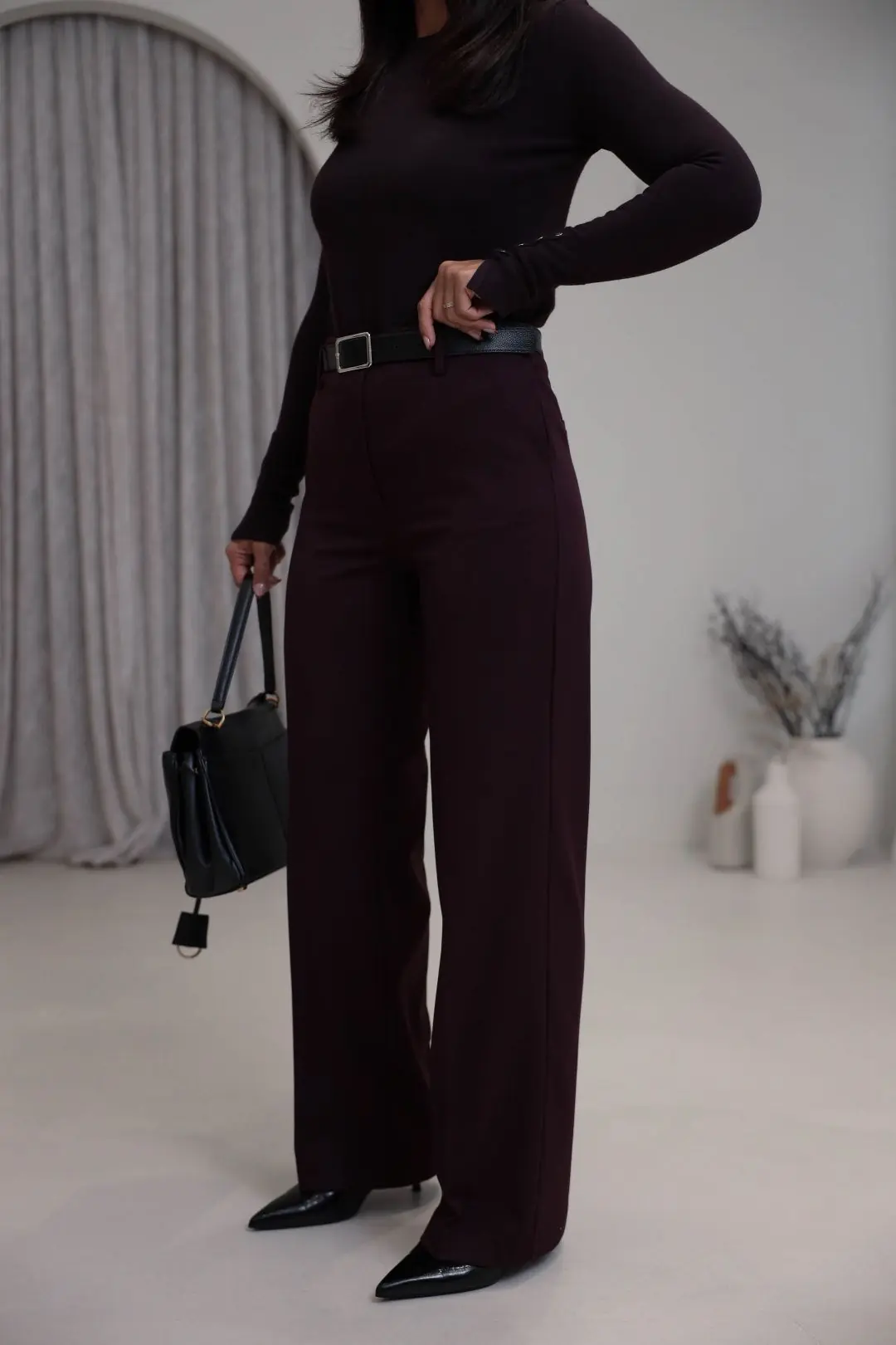7291 Kemerli Ütü Çizgili Kumaş Pantolon BORDO