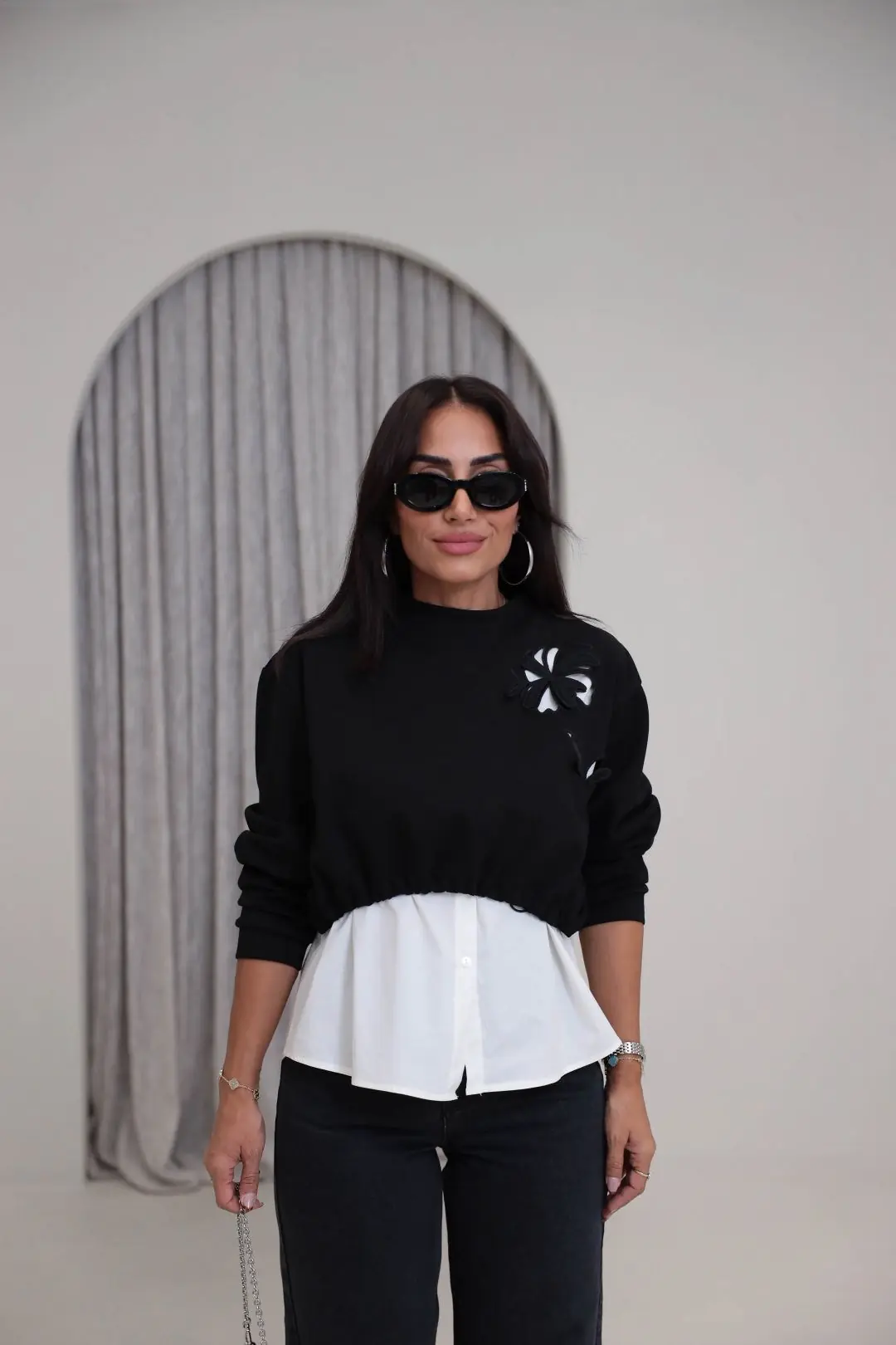 1154 Nakış Gömlek Detaylı Sweatshirt SİYAH