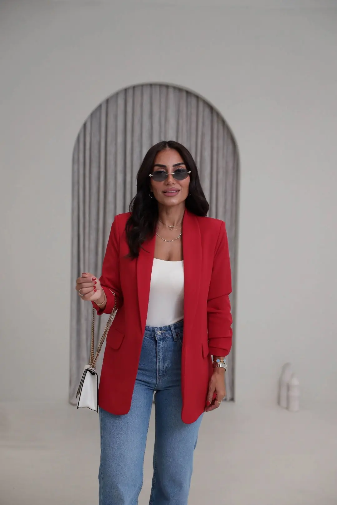 3101Y Vatkalı Kolları Büzgülü Blazer Ceket KIRMIZI
