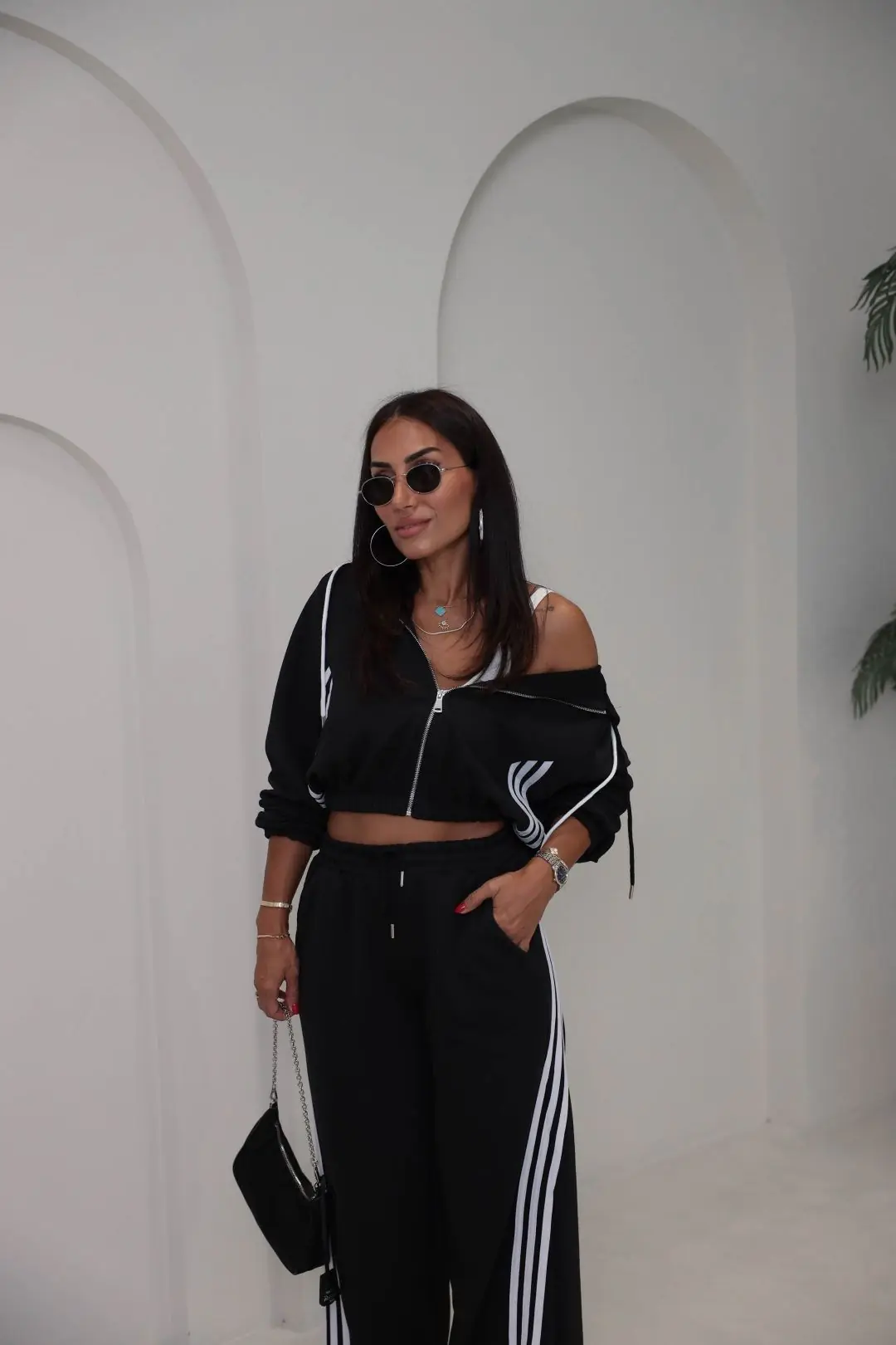 4285 Şerit Detaylı Fermuarlı Sweat Pantolon Takım SİYAH