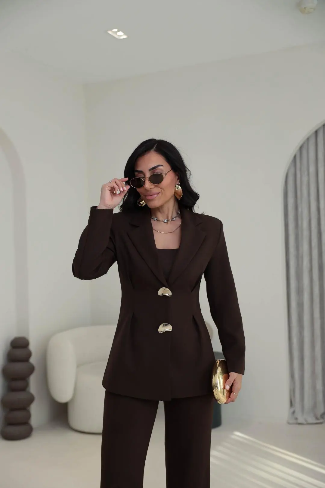 9201 Gold Düğmeli Ceket ve Pantolonlu Takım KAHVE