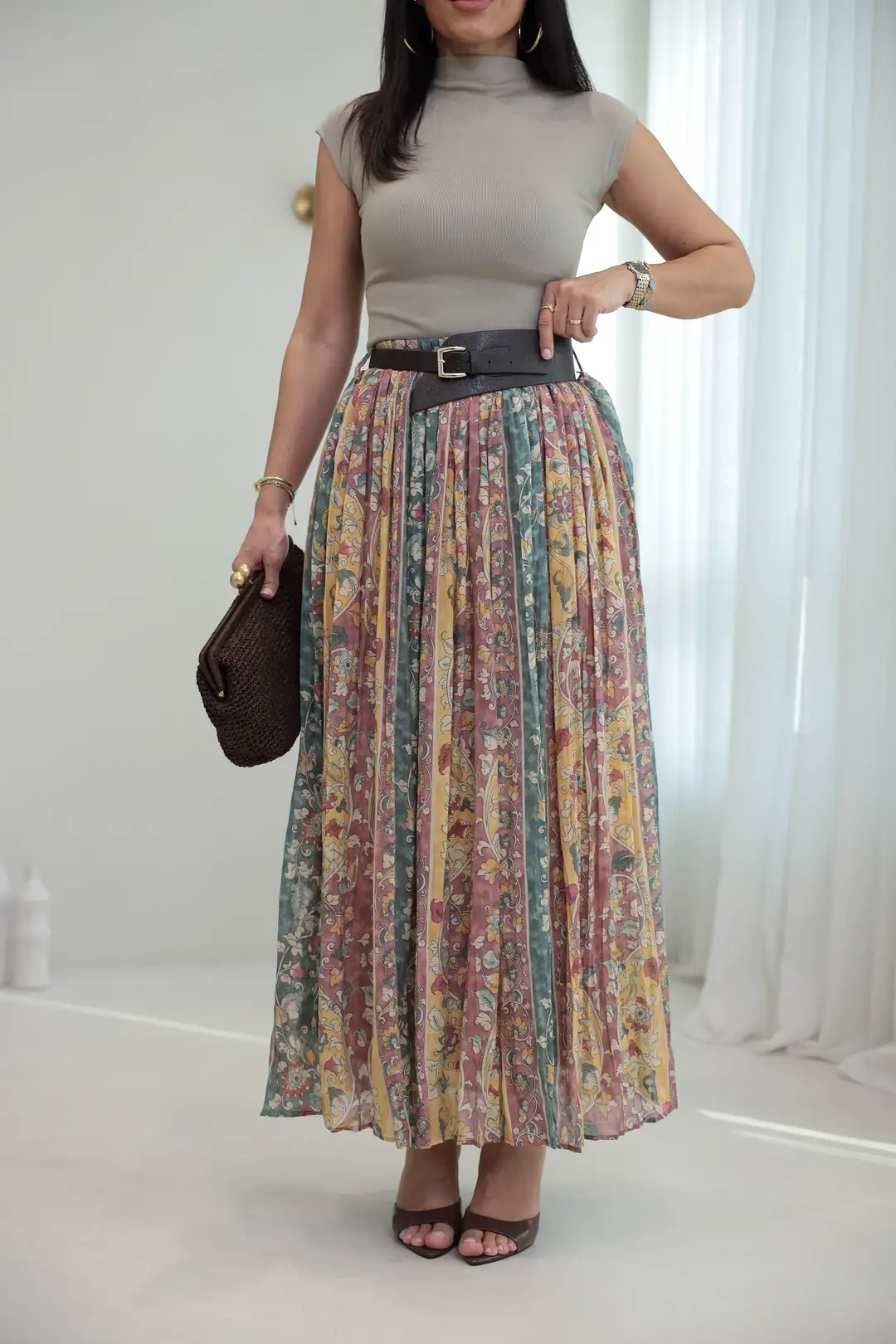 3374 Kemerli Pliseli Desenli Maxi Etek YEŞİL