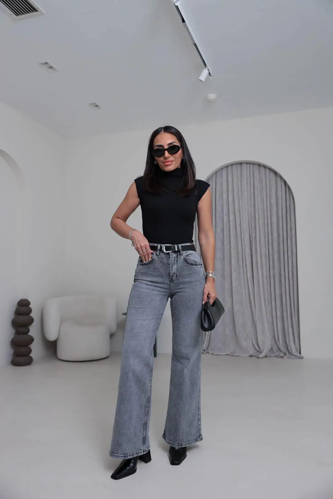 Yüksek Bel Wide Leg Jean GRİ
