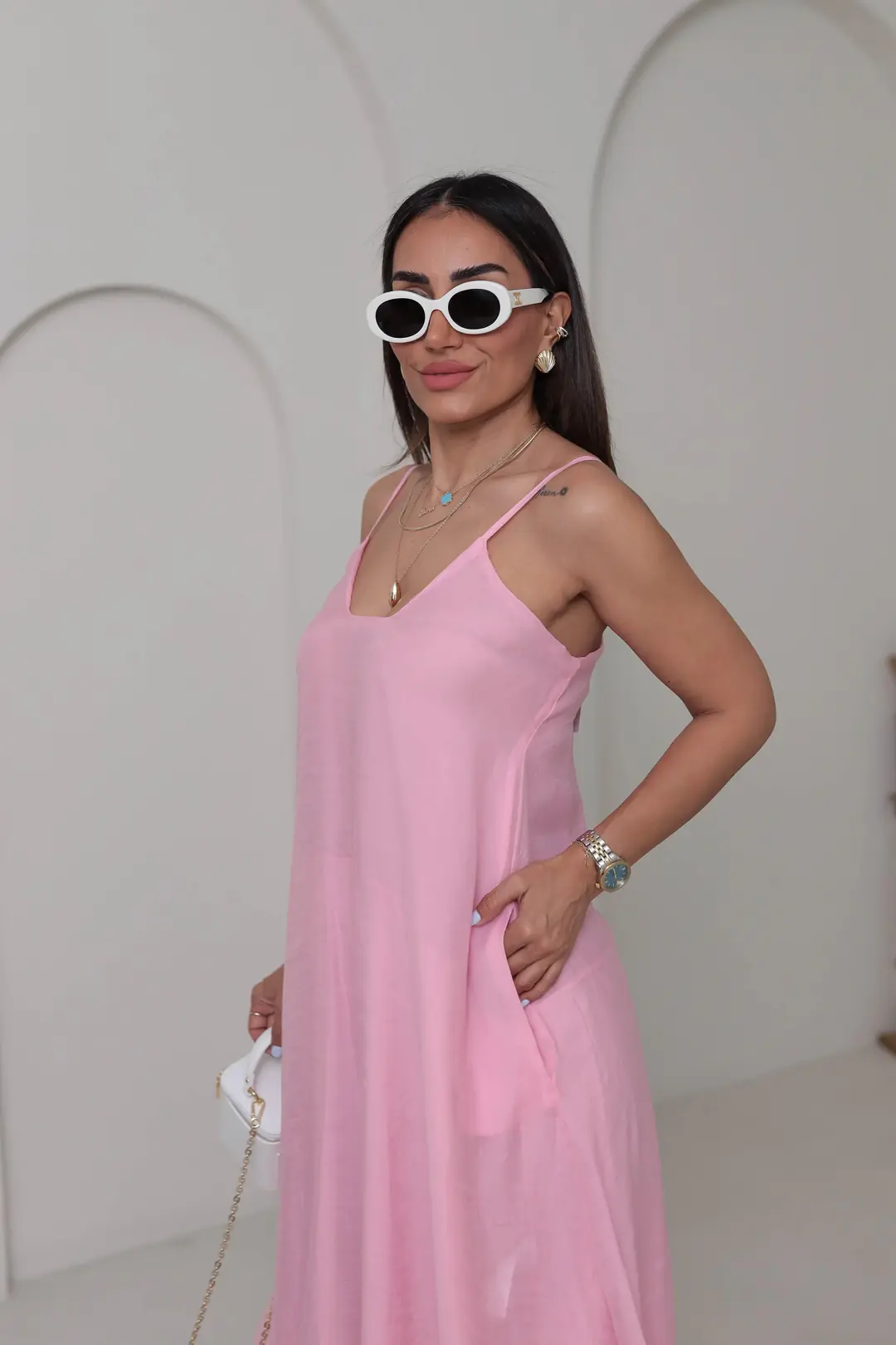 3227 Askılı Kare Yaka Maxi Tencel Elbise PEMBE