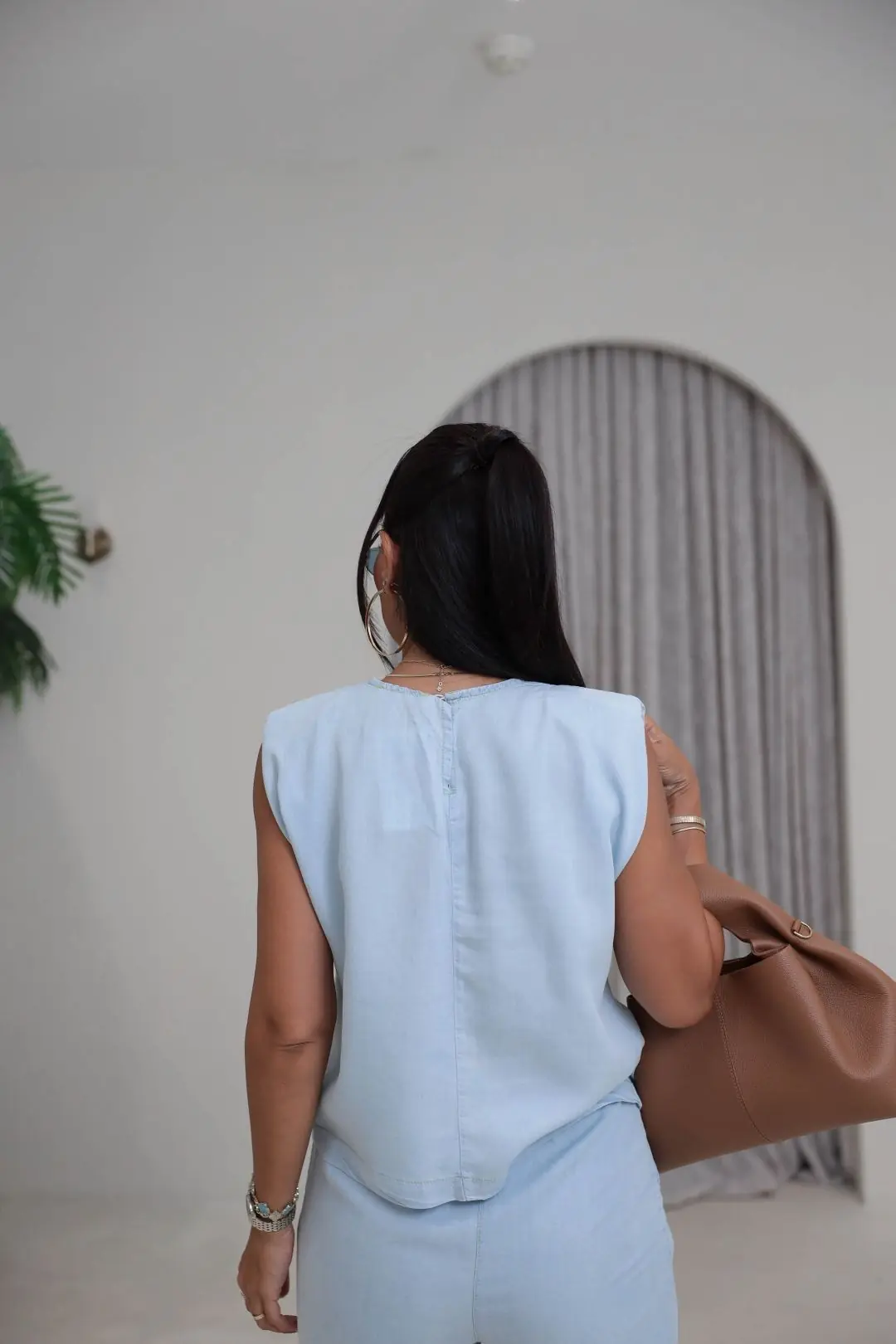 7358 Vatkalı Sıfır Kol Denim Tencel Kumaş Takım BUZ MAVİ