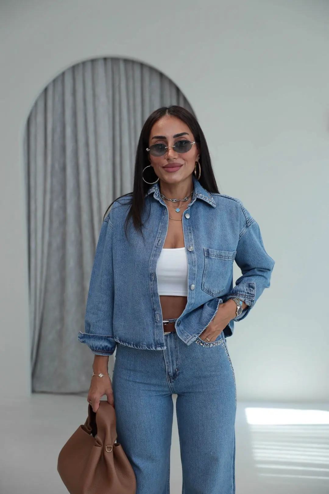 8405 Gömlek ve Pantolonu Taşlı Denim Takım MAVİ