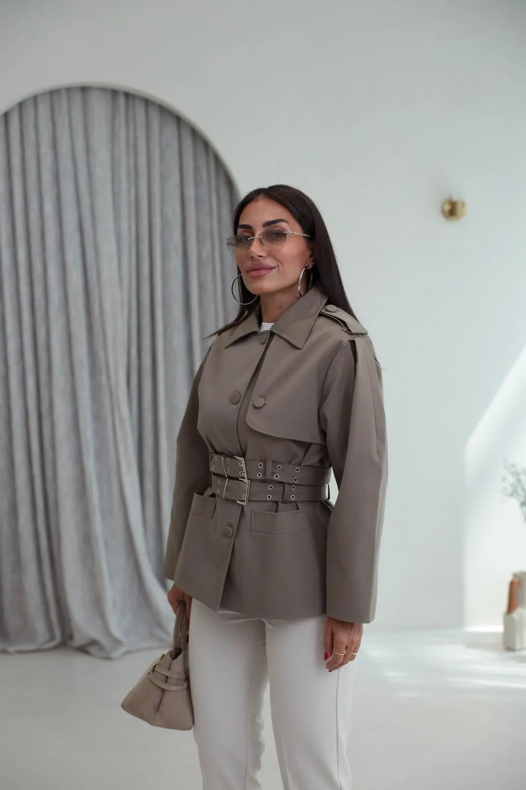 6374 Çift Kemerli Trençkot VİZON