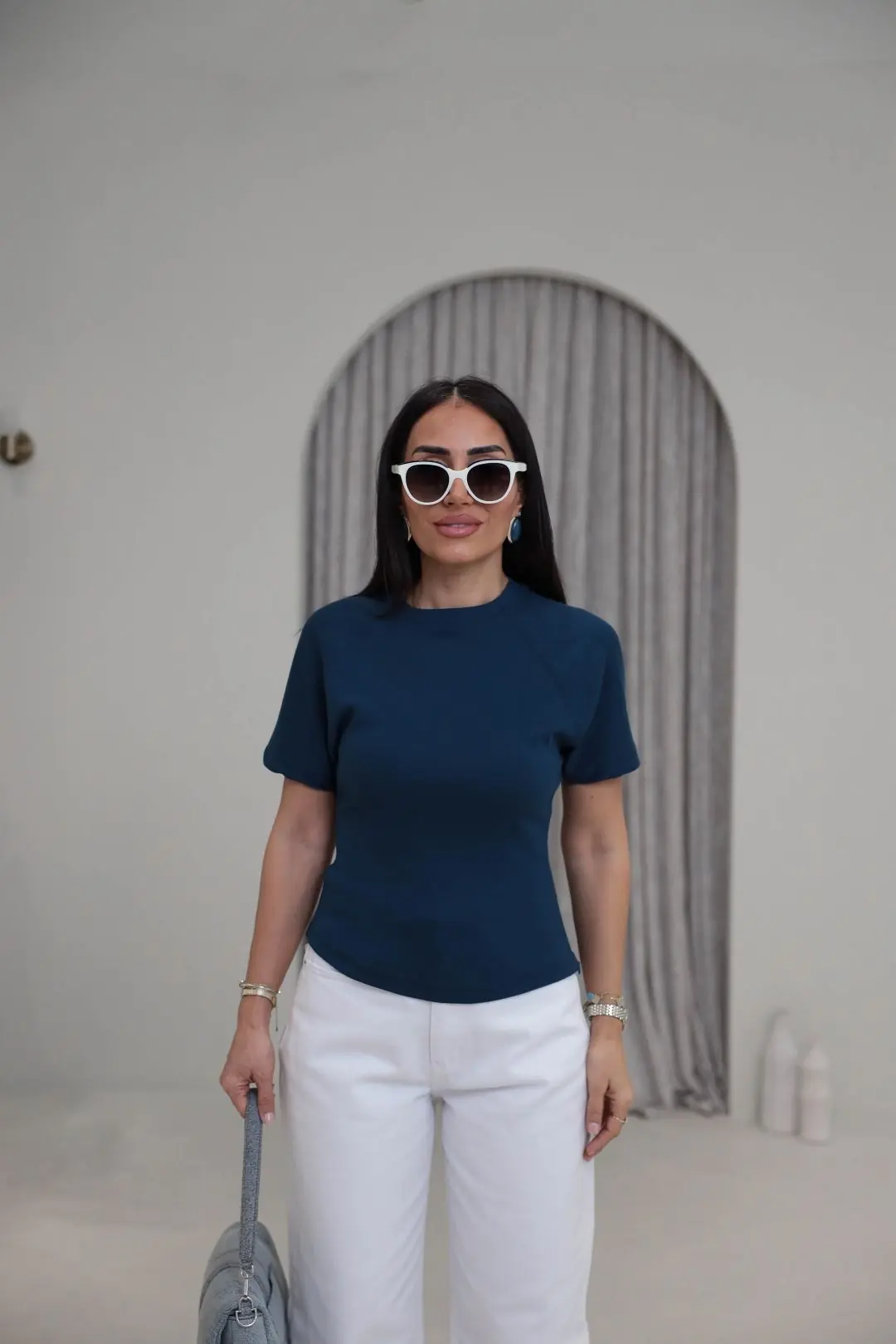 2322 Reglan Kol Yandan Fermuarlı Pamuklu Tshirt Indigo