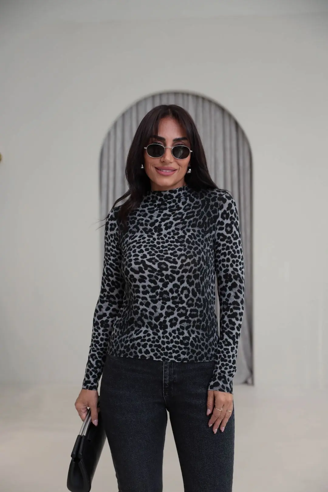 9141 Leopar Desen Bluz ANTRASİT