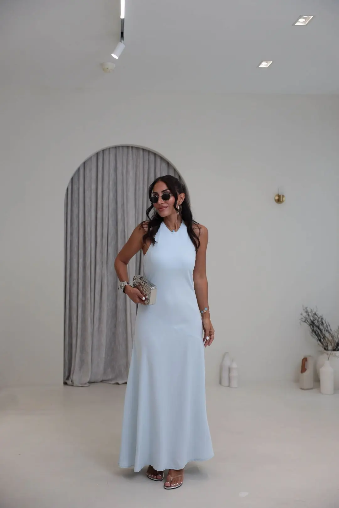 0586 Boyundan Çıtçıtlı Parçalı Tencel Kumaş Elbise AÇIK MAVİ - AÇIK MAVİ