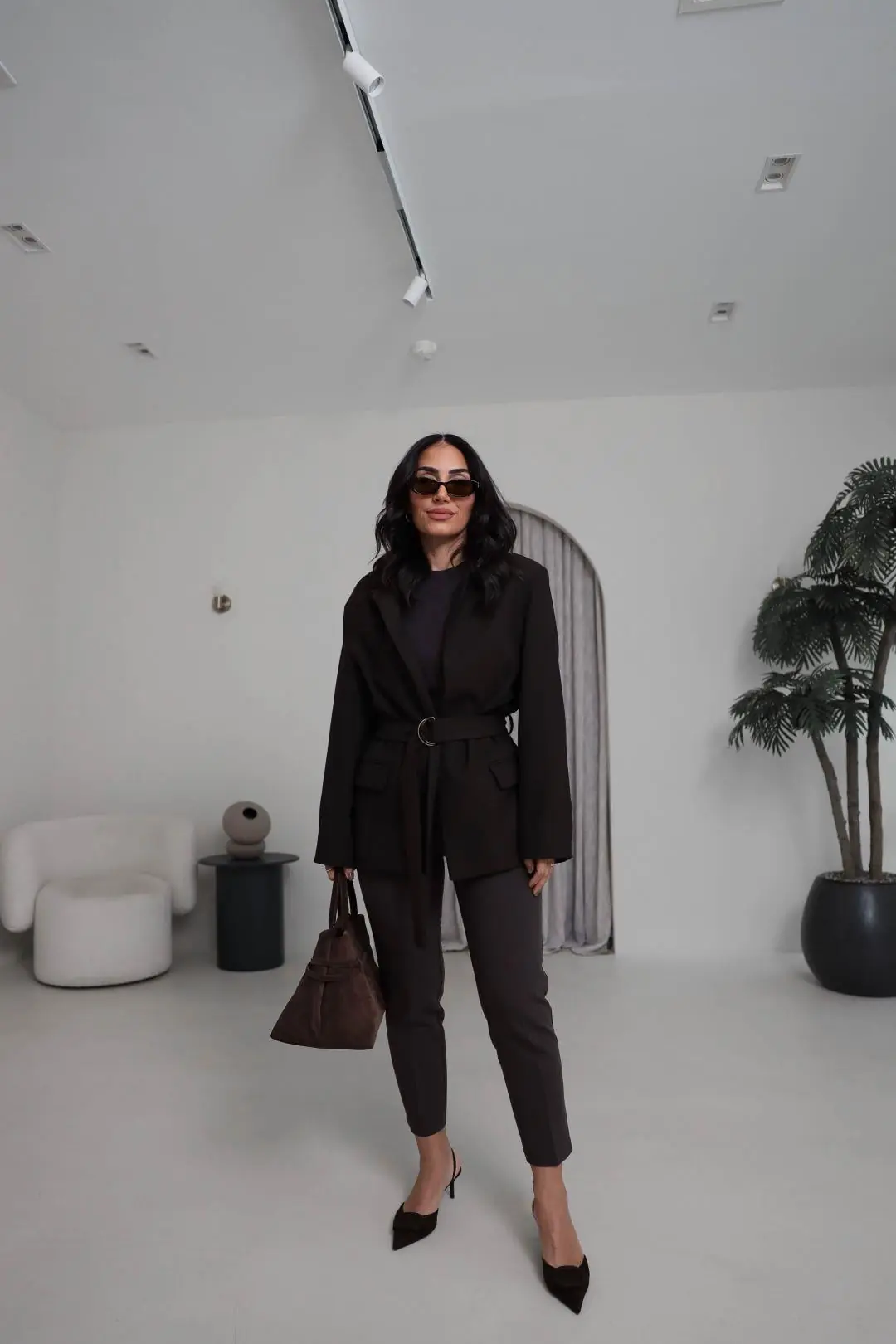 1284 Vatkalı Kemerli Balıksırtı Blazer Ceket KAHVE