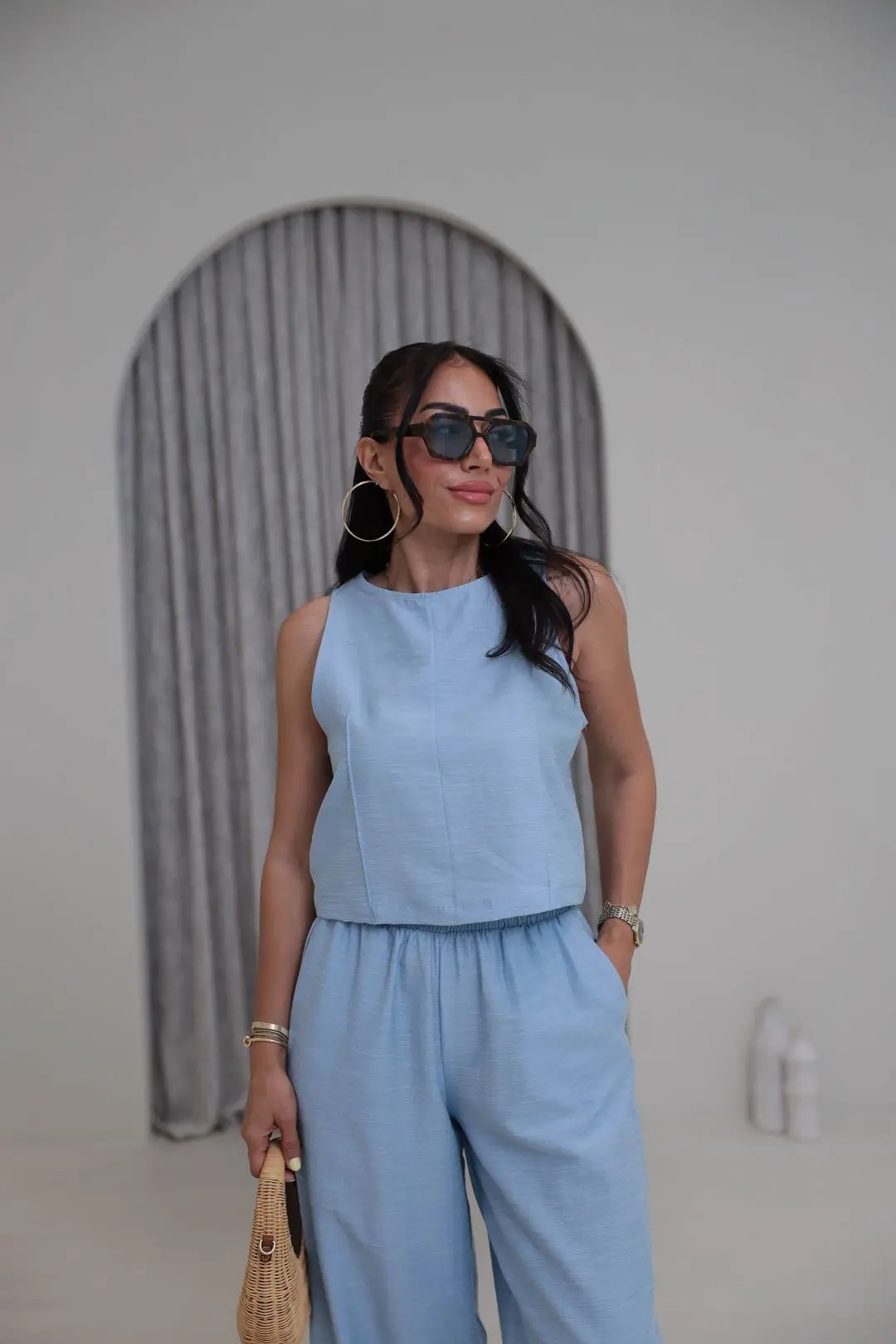 8568 Sıfır Kol Bluz Pantolon Takım BEBE MAVİ