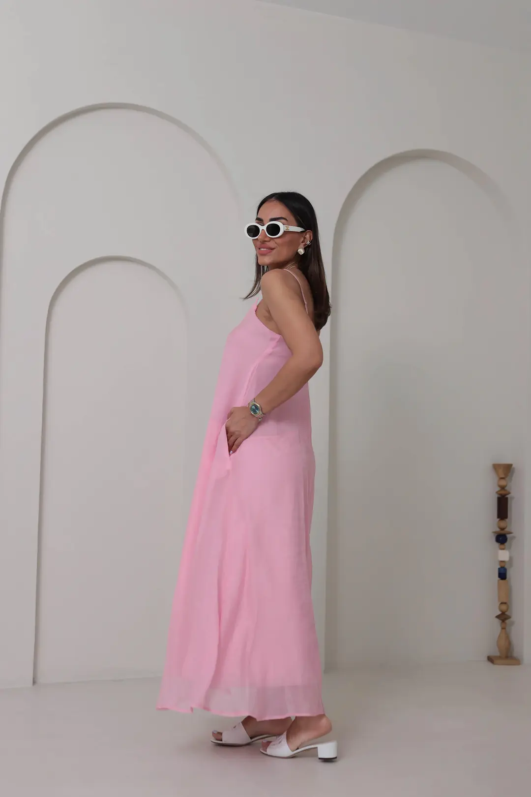 3227 Askılı Kare Yaka Maxi Tencel Elbise PEMBE