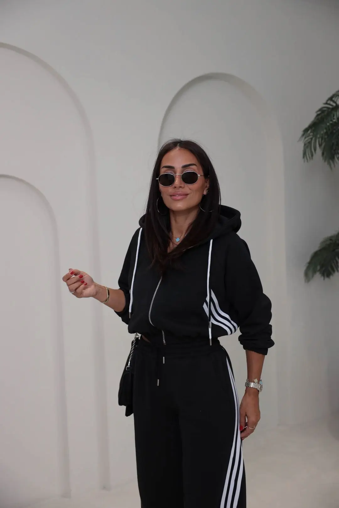 4285 Şerit Detaylı Fermuarlı Sweat Pantolon Takım SİYAH