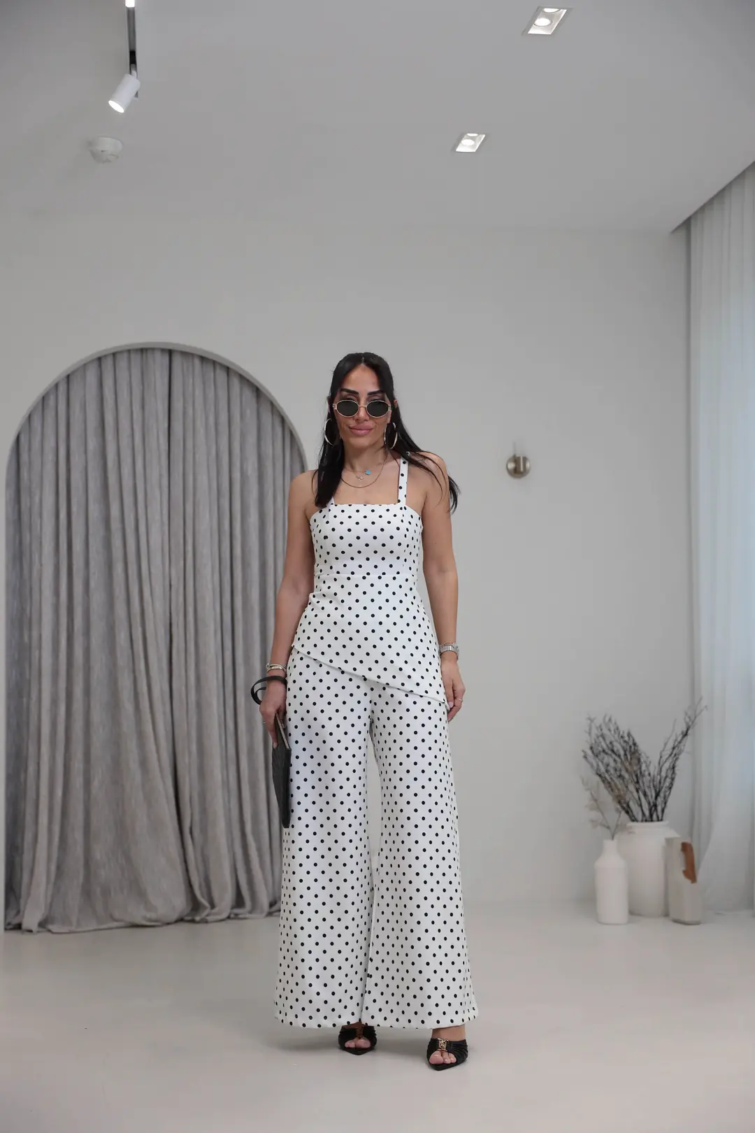 4161 Puantiyeli Askılı Bluz Pantolon Takım EKRU