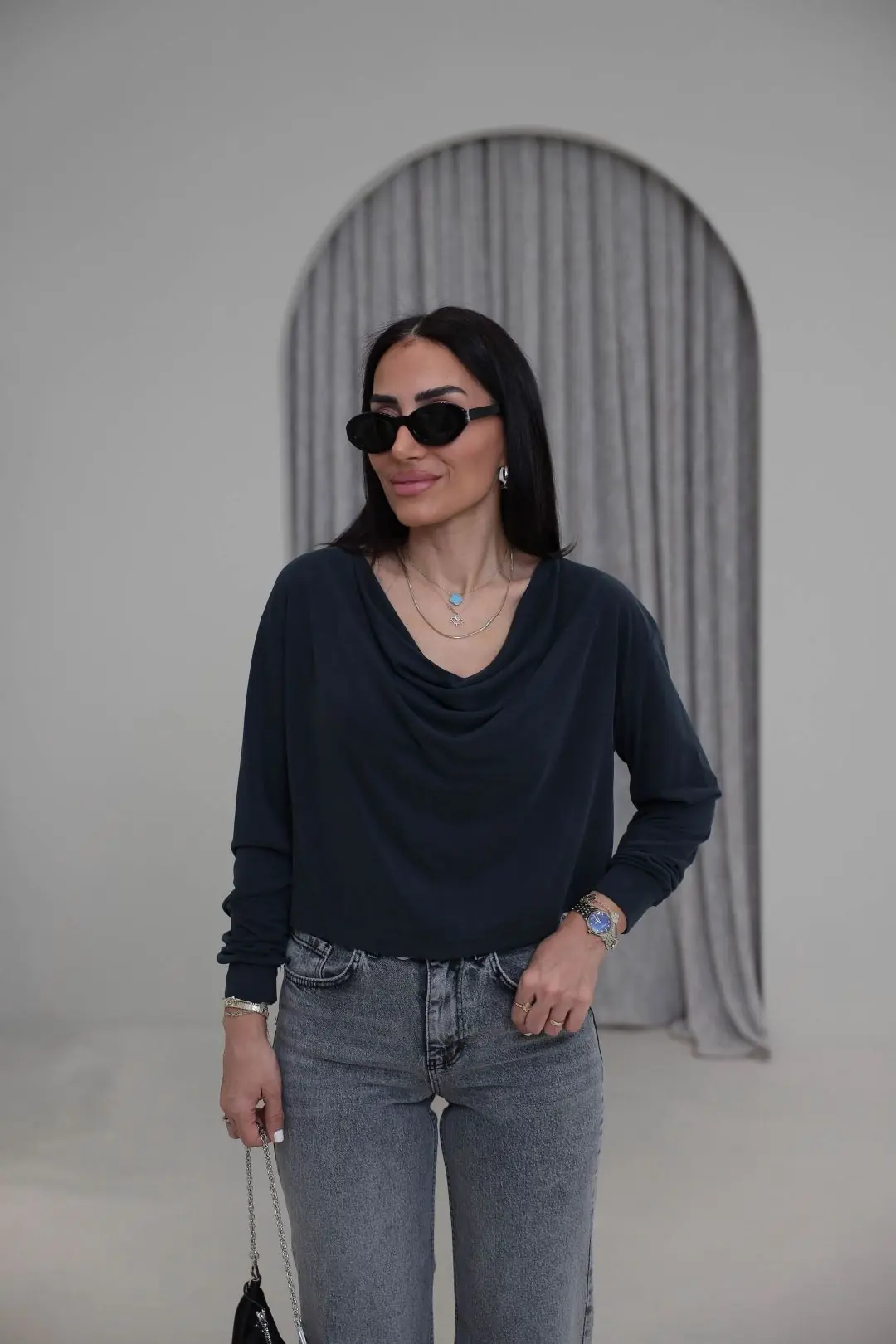 2424 Degaje Yaka Modal Bluz ANTRASİT