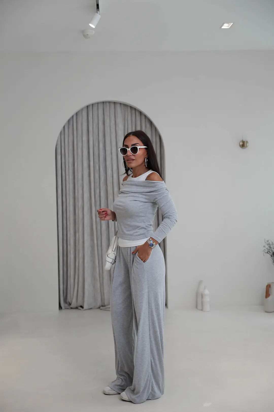 2779 Atlet Detaylı Dökümlü Bluz Pantolon Takım GRİ MELANJ