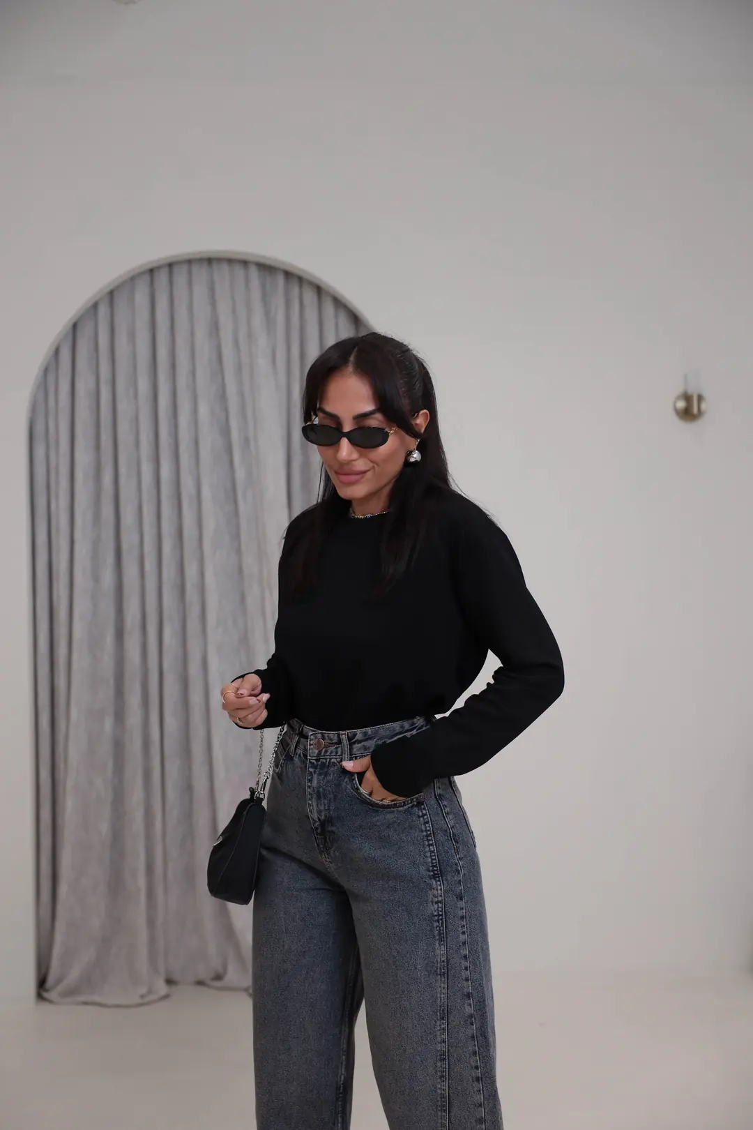 1448 Bisiklet Yaka uzun Kollu Oversize Tshirt SİYAH