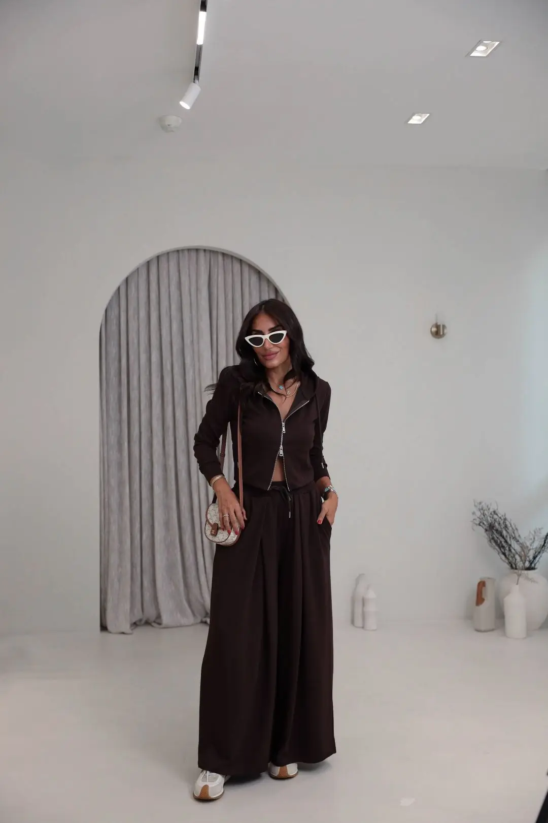 4283 Kapşonlu Fermuarlı Pileli Modal Takım KAHVE