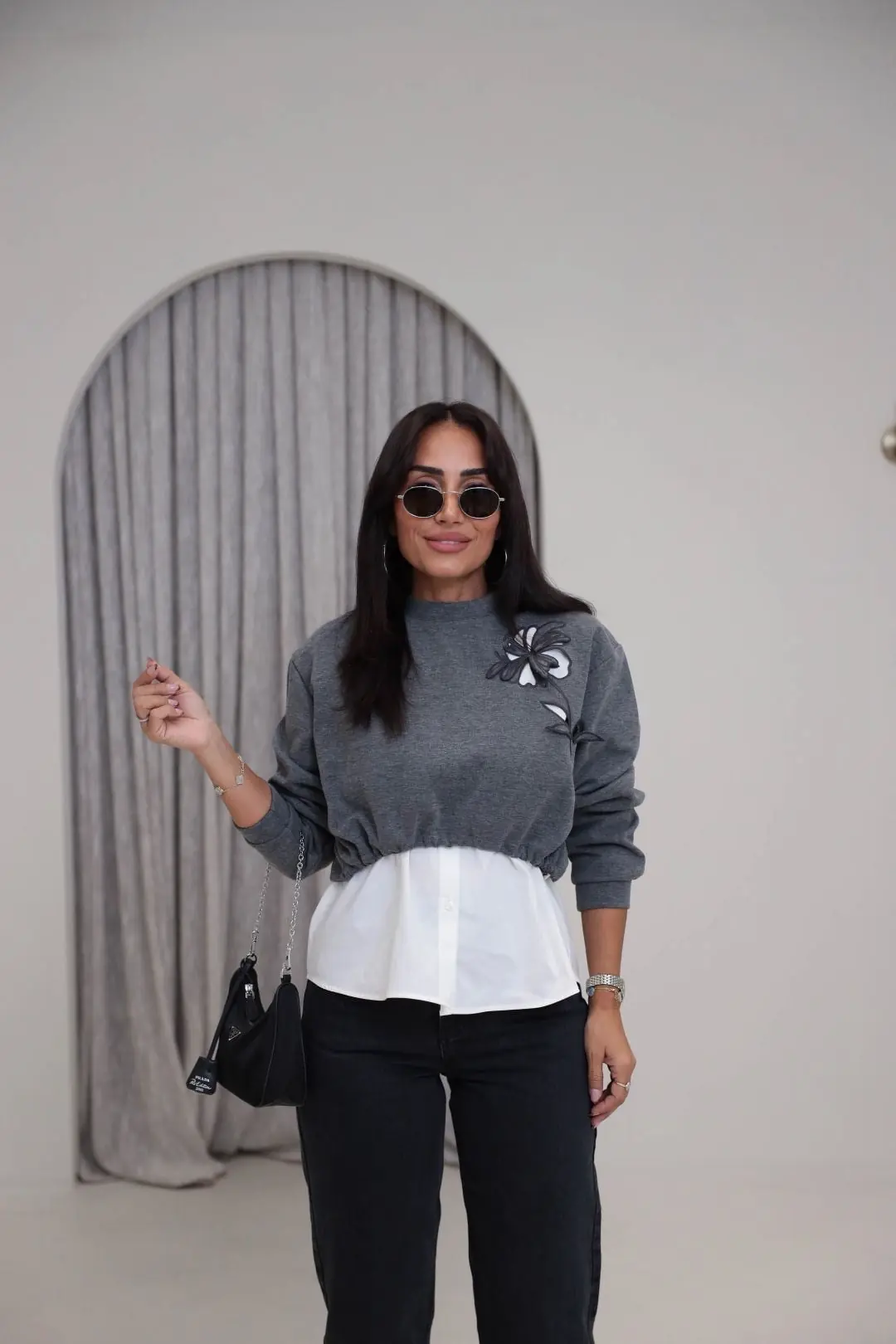 1154 Nakış Gömlek Detaylı Sweatshirt GRİ - GRİ
