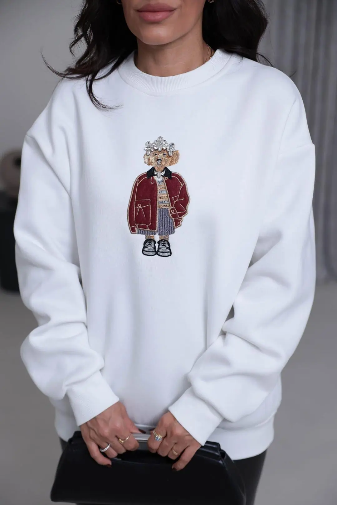 6910 Taşlı Aplikeli Şardonlu Sweatshirt EKRU