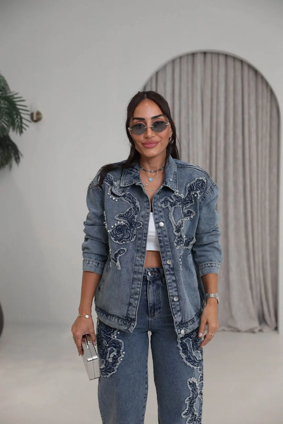 7502 Rose Aplikeli Taşlı Denim Ceket Pantolon Takım TİNTLİ MAVİ