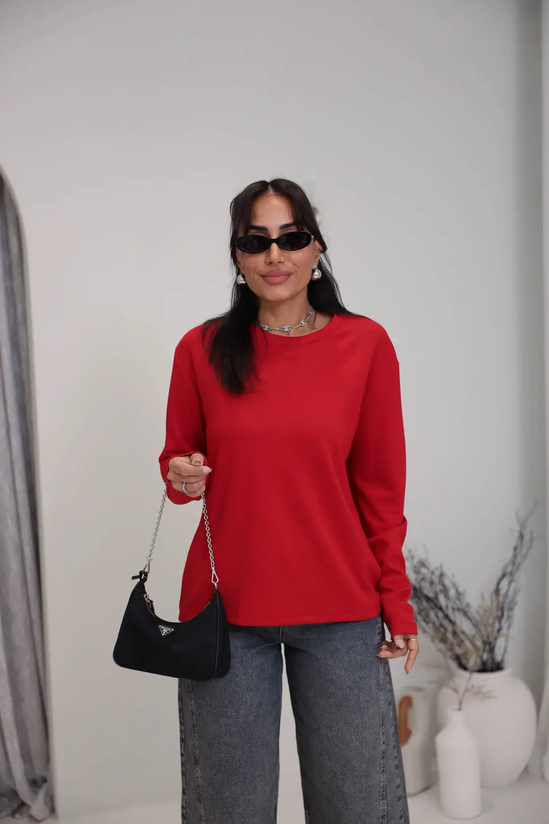 1448 Bisiklet Yaka uzun Kollu Oversize Tshirt KIRMIZI - KIRMIZI