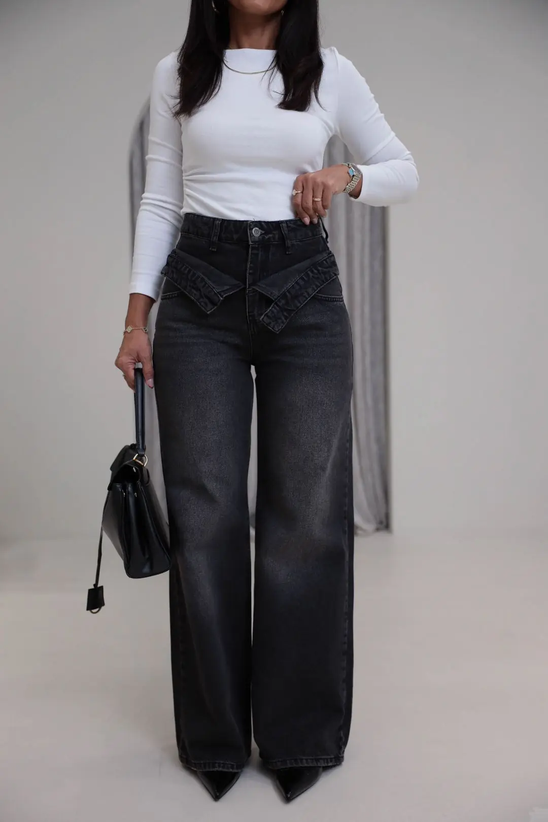 1065 Asimetrik Bel Detaylı Palazzo Denim Pantolon YIKAMALI SİYAH - YIKAMALI SİYAH