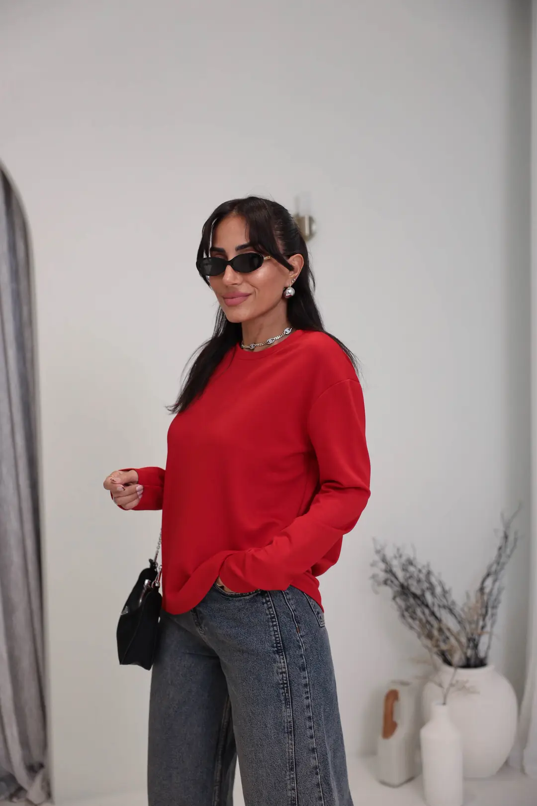 1448 Bisiklet Yaka uzun Kollu Oversize Tshirt KIRMIZI