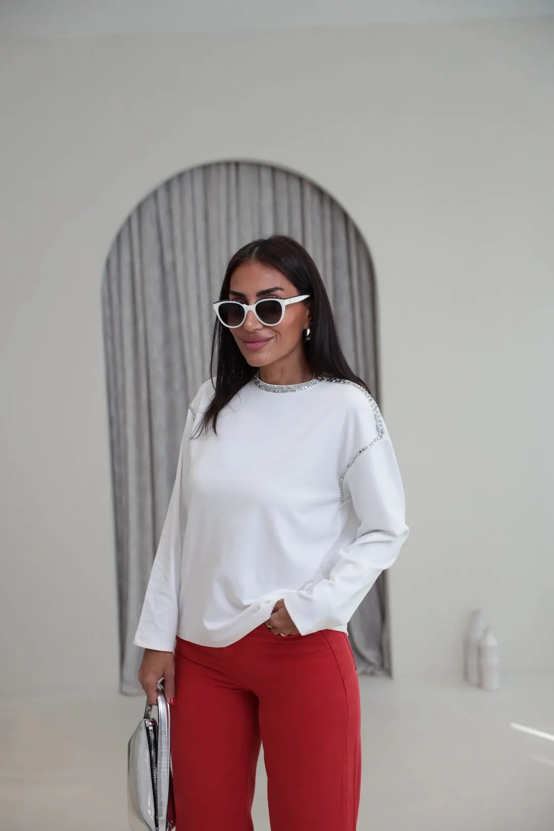 9064 Taşlı Detaylı Yumuşak Kumaş Bluz EKRU