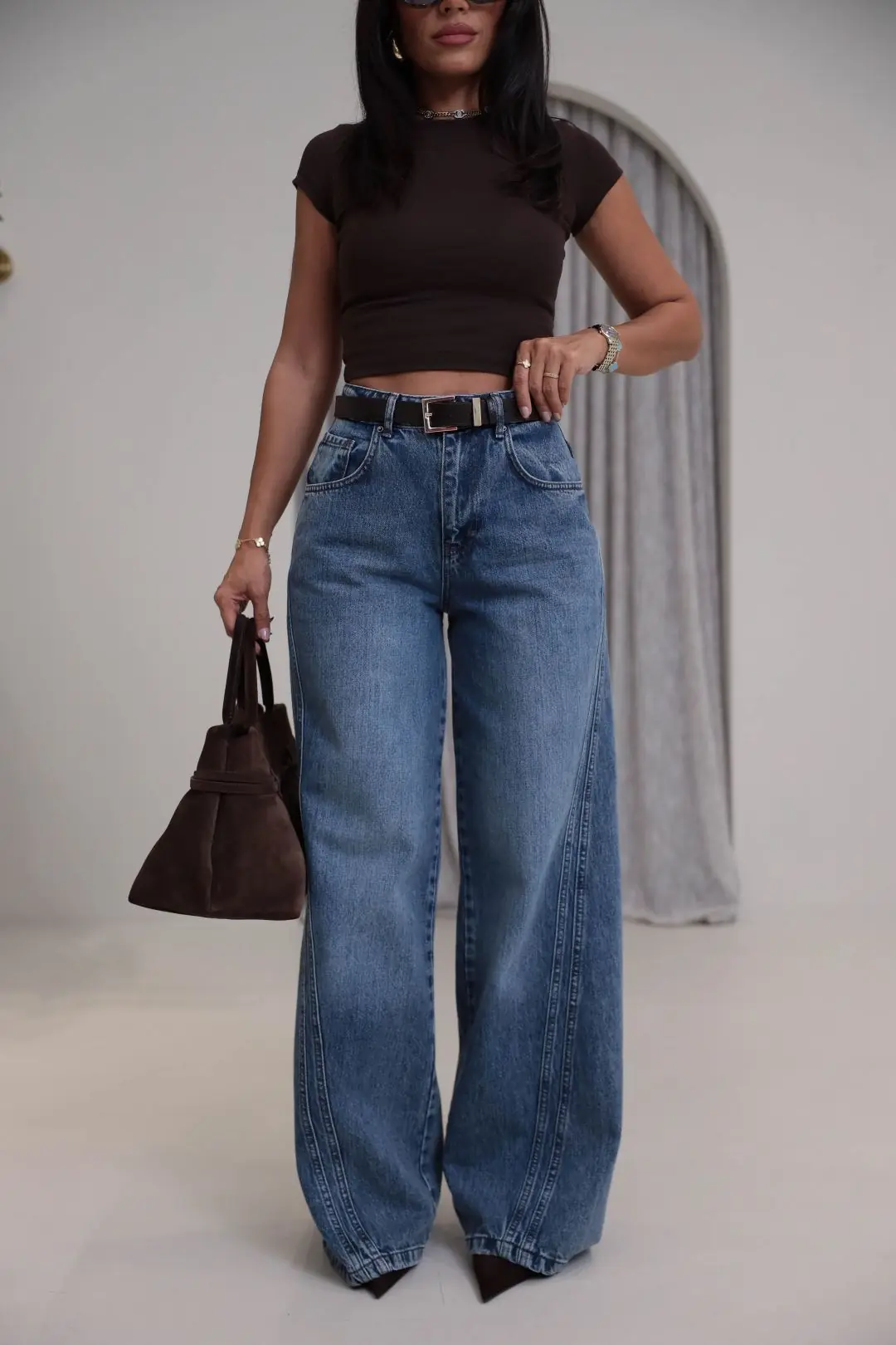 1067 Yanları Dikiş Detaylı Wide Leg Denim Pantolon TİNTLİ MAVİ - TİNTLİ MAVİ